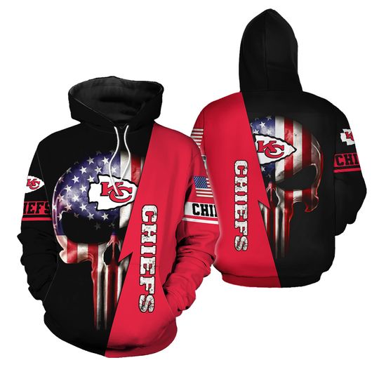 Kansas Chiefs Hoodie US Flag Skull Team, Kansas Chiefs Hoodie Football Team Apparel, Kansas Chiefs Game Day Football 3D Hoodie