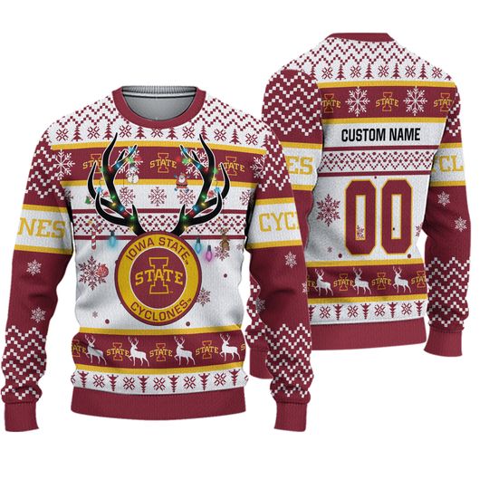 Iowa State Cyclones Inspired Reindeer Light Ugly Christmas Sweater  Fan Holiday