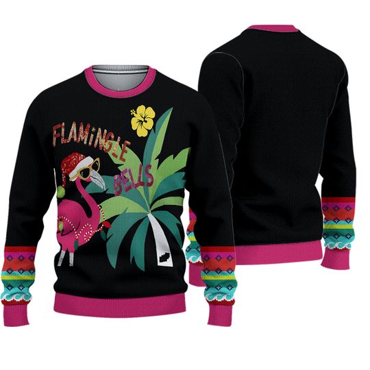 Major Label Group Ugly Christmas Sweater Black Pink Flamingo Flamingle Bells
