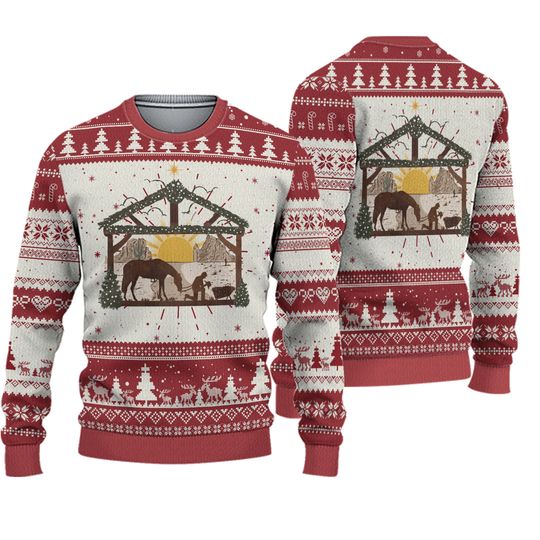 Western True Story Ugly Christmas Sweater, Jesus Cowboy Nativity Scene Sweatshirt, Funny Faith Xmas Gift, Country Holiday Outfit