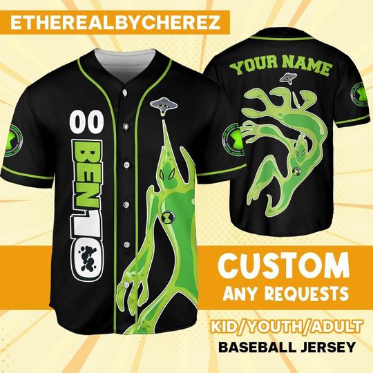 Personalize Ben 10 Goop Black, Baseball Jersey Custom Kids, Youth, Adult, Birthday, Cartoon Team Outfit