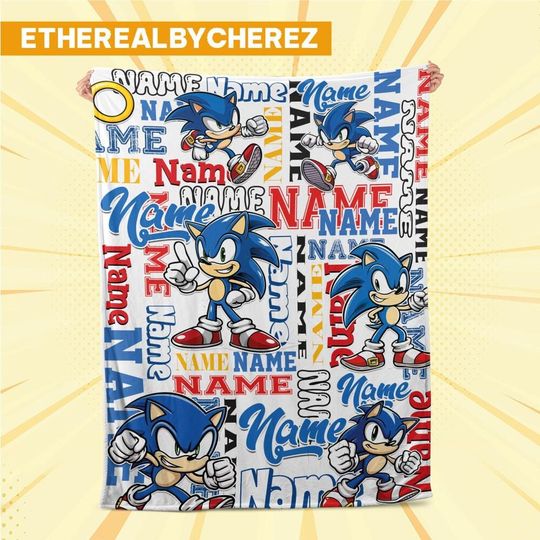 Discover Personalized Sonic Hedgehog Fleece Blanket, Custom Name Disney Throw for Kid, Birthday Gift, Baby Shower, Gift for Boy and Girl