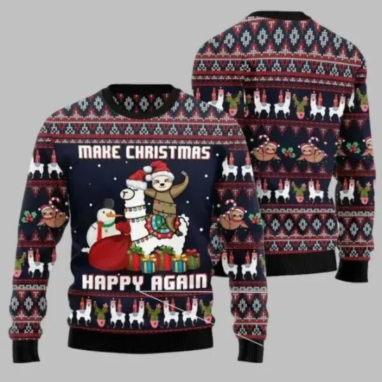 Llama Sloth Make Christmas Happy Again Ugly Christmas Sweater