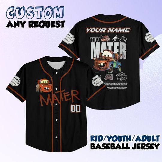 Discover Personalized Disney Tow Mater Pixar Cars Baseball Jersey, Custom Disney Cars Tow Mater Jersey Shirt, Disney Cars Birthday Gift