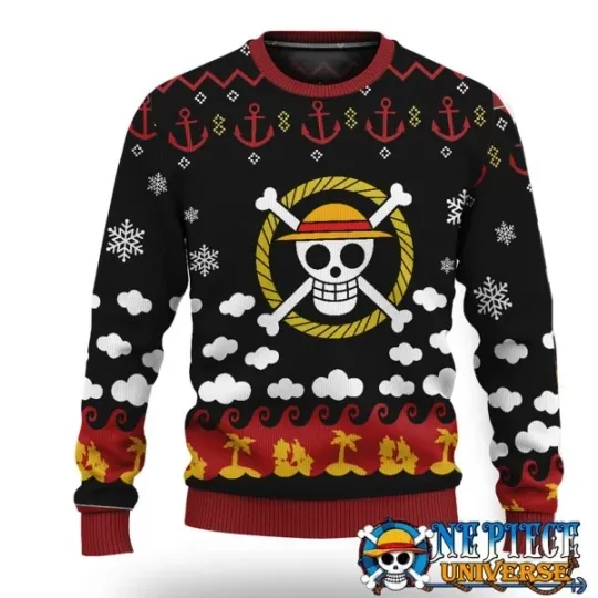 Discover Straw Hat Logo Ugly Christmas Sweater Black