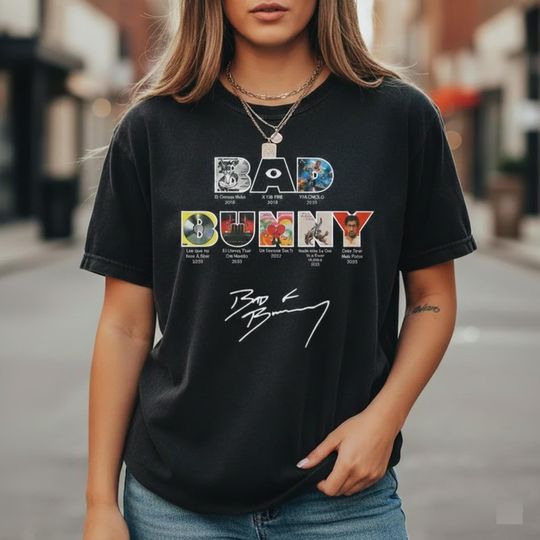 Discover Bad Bunny All Albums and Tours T-Shirt Vintage Music Tour Merch Graphic Fan Gift