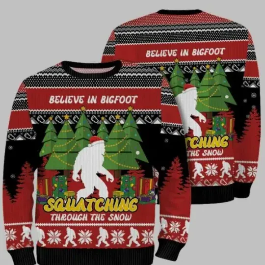 Discover Believe In Bigfoot Squatching Through The Snow Ugly Christmas Sweate