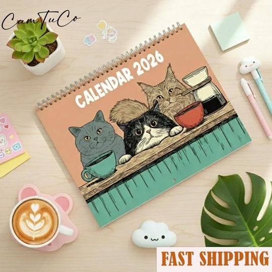 Discover Cat Wall Calendar 2026, Cats With Tea Calendar, Cat New Year Calendar, Holiday Gift, Cat Lover Calendar Gift