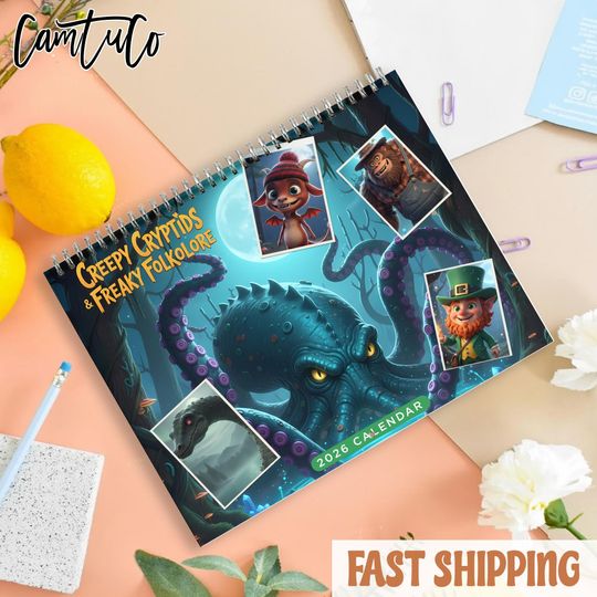 Discover Creepy Cryptids Wall Calendar 2026, Freaky Folklore Art Calendar, Mythical Creatures Illustration