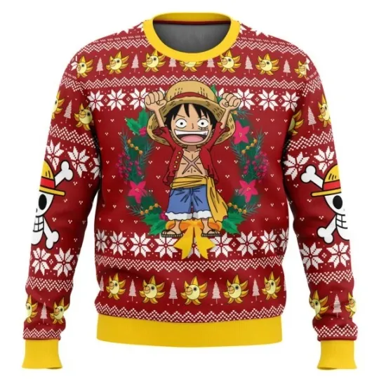 Anime Luffy Christmas Ugly Sweater Red