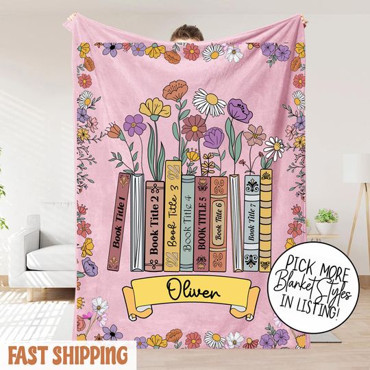 Discover Custom Floral Book Blanket, Books & Name Library Gift for Book Lover, Favorite Book Blanket, Bookish Reader