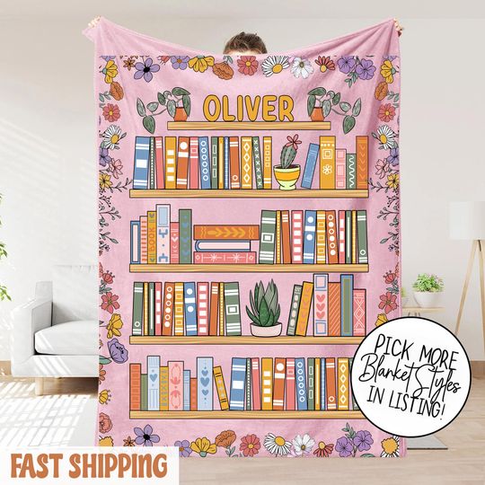 Discover Custom Bookshelf Floral Book Blanket, Gift for Book Lover, Favorite Book Blanket, Bookish Reader Birthday Gift