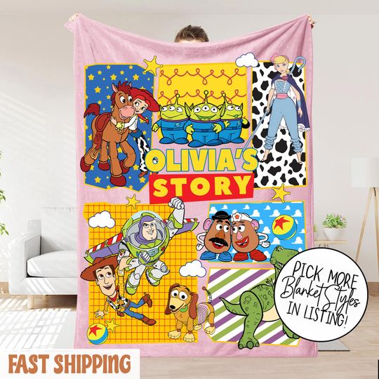 Discover Personalized Toy Story Blanket, Custom Name Woody Buzz Lightyear Jessie Toy Story Blanket, Toy Story Blanket Gift For Boy Or Girl
