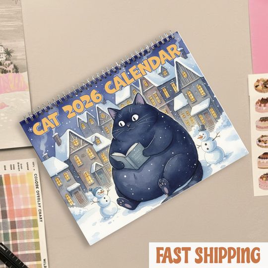 Discover Cat Reading Book Art Calendar 2026, Book Lover Cat Wall Calendar, Cute Library Kitty Monthly Planner, Literary Gift for Readers