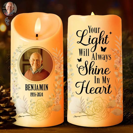 Discover          Custom Photo Your Light Will Always Shine In Our Hearts Memorial - Personalized Flameless LED Candle       