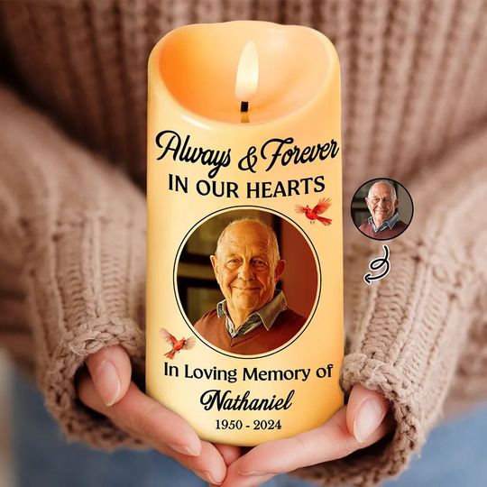         Custom Photo Always And Forever In Our Heart Memorial - Personalized Flameless LED Candle       
