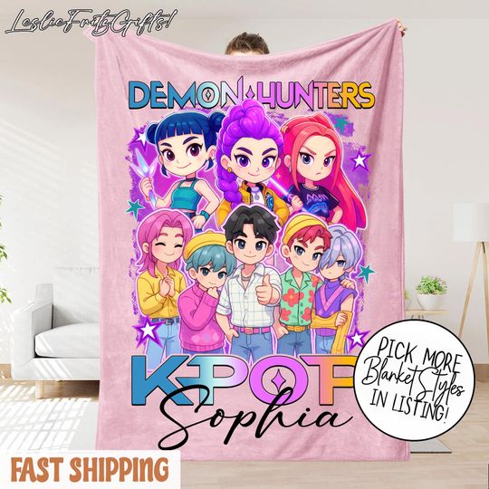 Discover Personalized Huntrix Chibi Kpop Demon Hunters Blanket, Custom Name K-Pop Demon Hunter Blanket, Kpop Huntrix Blanket With Name