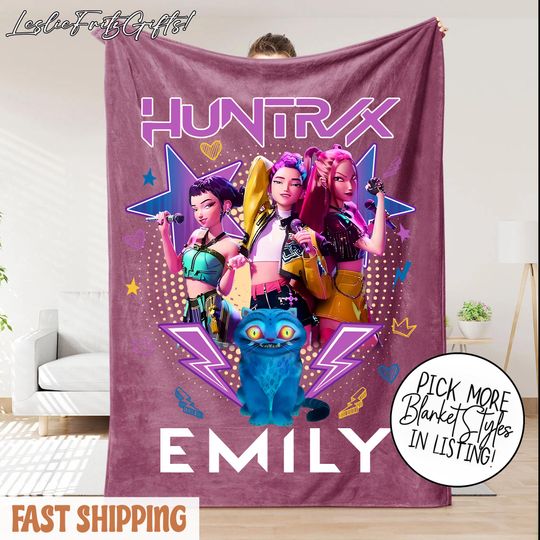 Discover Personalized Huntrix Girls Christmas Blanket, Custom Name K-Pop Demon Hunter Blanket, Kpop Huntrix Blanket With Name