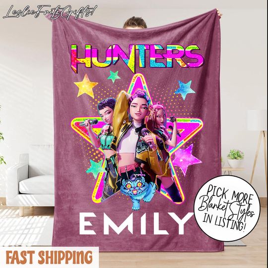 Personalized Huntrix Girls Christmas Blanket, Custom Name K-Pop Demon Hunter Blanket, Kpop Huntrix Blanket With Name