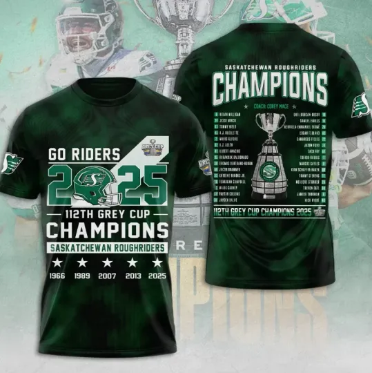 Roughriders 2025 Grey Cup Champions 3D Tshirt Reprint For Fan