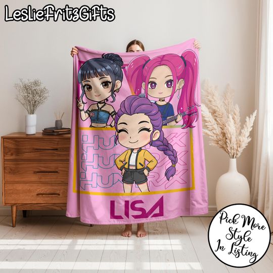 Discover Personalized Huntrix Chibi Kpop Demon Hunters Blanket, Custom Name K-Pop Demon Hunter Blanket, Kpop Huntrix Blanket With Name