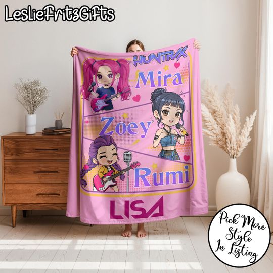 Discover Personalized Huntrix Chibi Kpop Demon Hunters Blanket, Custom Name K-Pop Demon Hunter Blanket, Kpop Huntrix Blanket With Name
