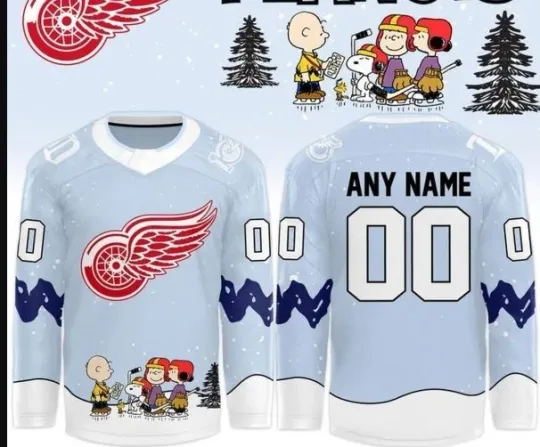 Discover Detroit Red Wing Snoopy Fan Peanut Christmas Day 2025 Hockey Jersey