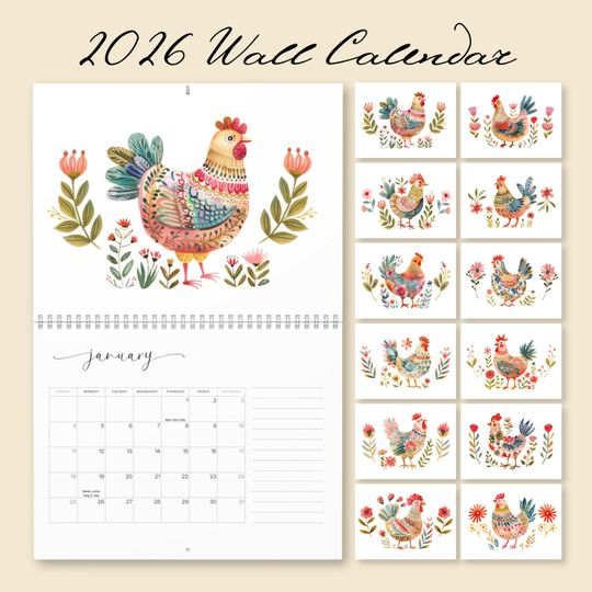 Discover 2026 Scandinavian Chicken Wall Calendar, Hygge Folk Art Farm Calendar