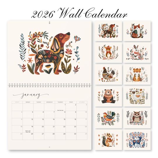 Discover 2026 Scandinavian Wall Calendar, Hygge Animals Folk Art