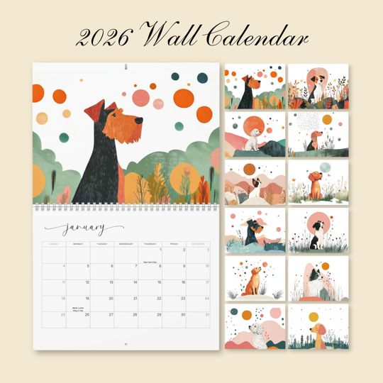 Discover 2026 Dogs Wall Calendar, Boho Puppy Monthly Calendar