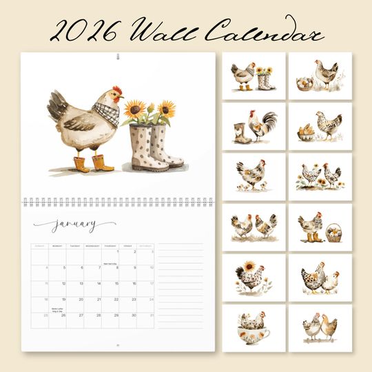 Discover 2026 Chicken Wall Calendar, Homestead Farm Calendar Gift