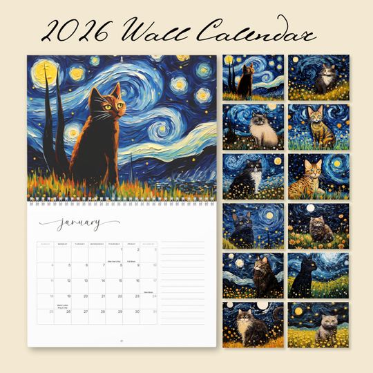 2026 Cat Art Wall Calendar, Van Gogh Starry Night