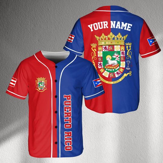 Discover Personalized Puerto Rico Baseball Jersey Shirt, Custom Name Button Up, Boricua Flag Sleeves, Royal Crest Back Print, Unisex Gift for Fans