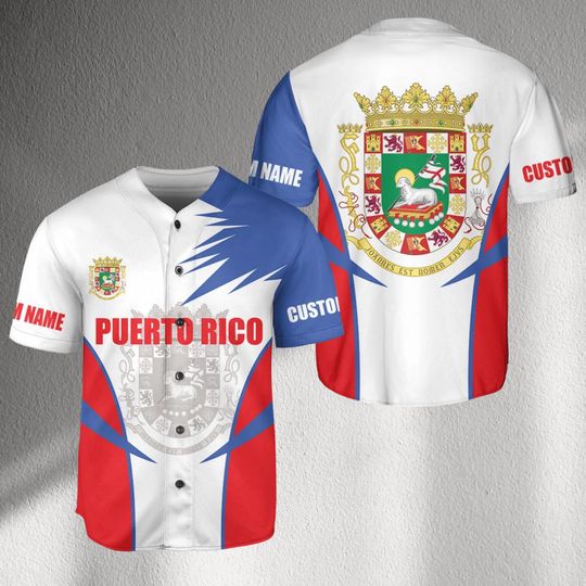 Personalized Puerto Rico Baseball Jersey Shirt, White Button Up, PR Flag Color Block, Custom Name Sleeve, Unisex Boricua Gift for Men Women