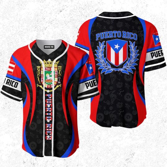Discover Puerto Rico Baseball Jersey | Flag Crest Button-Up | Red/Blue/Black Unisex Streetwear Top
