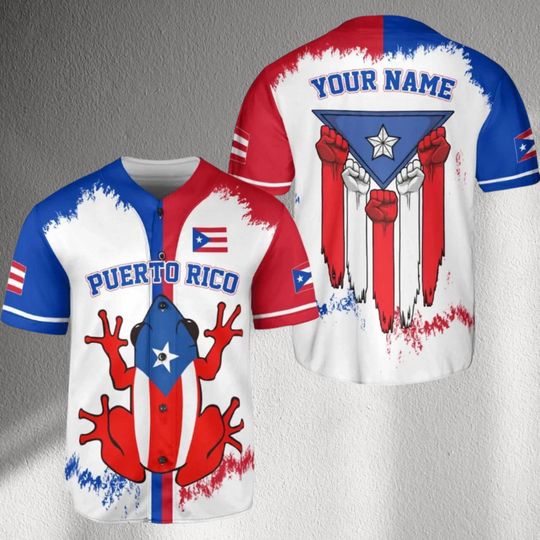 Discover Puerto Rico Baseball Jersey Shirt, Custom Name Back, Coqui Frog Flag Graphic, Unisex Button Up Fan Top for Parade & Games, Boricua Pride