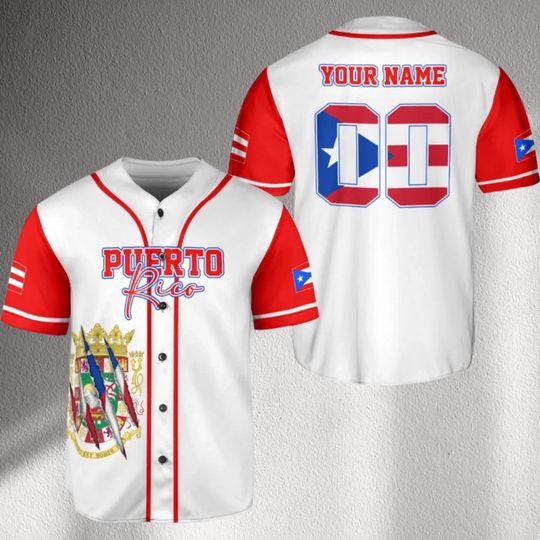 Personalized Puerto Rico Baseball Jersey, Custom Name & Number Button Up Shirt, White Red Blue Piping,Unisex Game Day Fan Gift for Men Women
