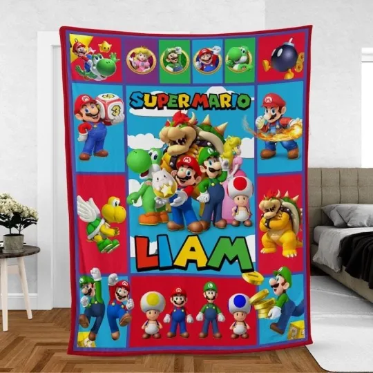 Discover Personalized Super Mario Blanket, Custom Name Mario Fleece Blanket