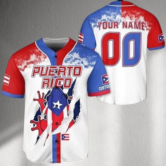 Custom Puerto Rico Baseball Jersey with Coqu Flag Ripped Design, Personalized Name and Number, Boricua Island Pride Unisex Button Up Gift