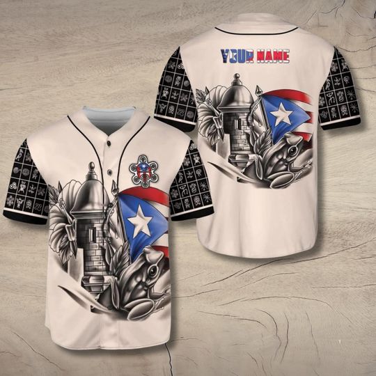 Discover Puerto Rico Coqu Garita Baseball Jersey with Flag & Coqu Frog  Custom Name, Tano Sleeve Symbols, Hibiscus Art Boricua Pride Gift