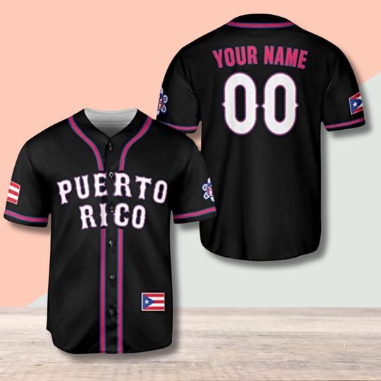 Discover Puerto Rico Baseball Jersey Personalized, Custom Name and Number Black Piped Shirt with Flag Patches, Boricua Pride Unisex Fan Gift Top
