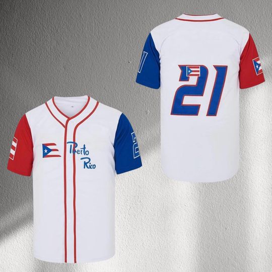 Puerto Rico Baseball Jersey Button Up Shirt, White with Red Blue Sleeves, #21 Back, Boricua Flag Patch, Unisex Game Day Top Fan Wear