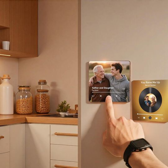 Discover Custom Photo Music Magnet, Photo Song Magnet, Playable Wooden Music Gift, Voice Recording Fridge Decor ,Song Music Box,Father's Day Gift