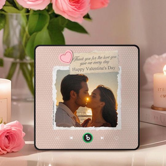 Discover Custom Valentine Music Fridge Magnet with Photo & Text, Framed Heart Design, Bluetooth FridgeBeats Gift for Couples