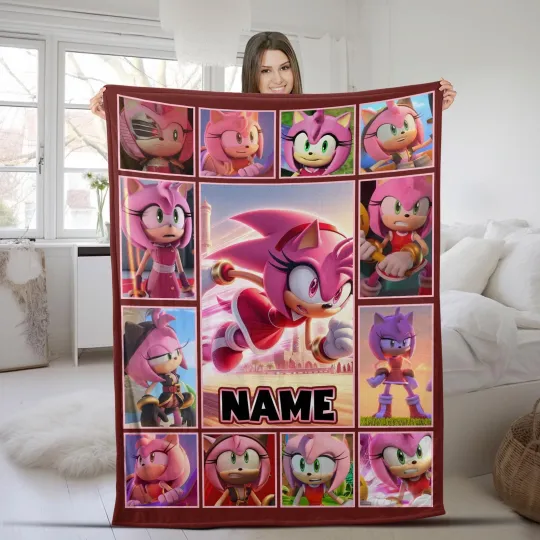 Discover Personalized Cartoon Hedgehog Blanket, Custom Name Amy Rose Blanket, Gift For Kid