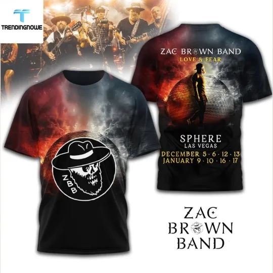 Discover Zac 1Brown Band Love Fear Sphere Las Vegas Tour 3D Shirt Unisex S-5XL