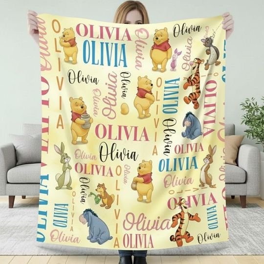 Discover Personalized Winnie the Pooh Baby Blanket, Custom Name Pooh Bear Blanket, Classic Pooh Nursery Bedding, Cute Kids Snuggle Throw Gift