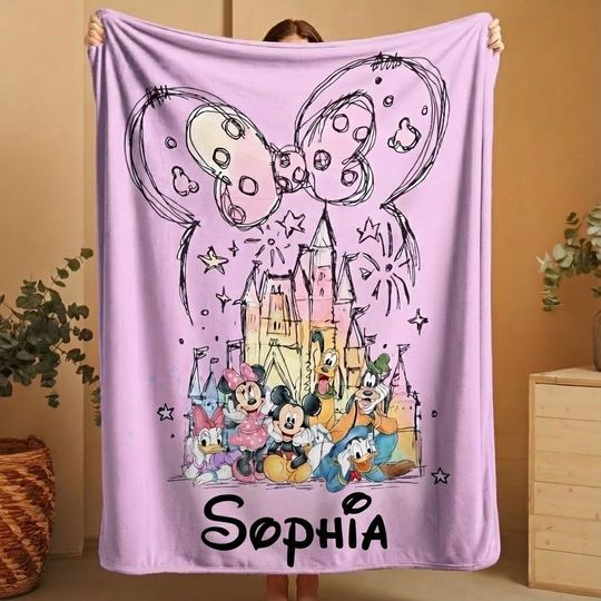 Discover Personalized Disney Coquette Blanket, Mickey And Friends Castle Throw, Custom Name Kids Blanket, Cute Disney Birthday Gift