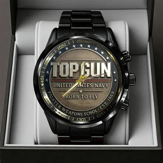 US Navy Top Gun Black Steel Band Watch Born To Fly EST 1969