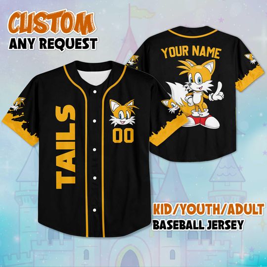 Discover Personalized Tails Baseball Jersey, Custom Sonic the Hedgehog Shirt, Tails Outfit, Matching Family Jersey, Gamer Birthday Gift